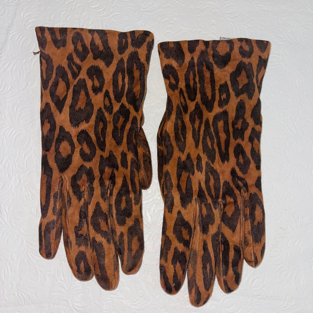 Vintage Italian Leopard Print Suede Genuine Leather Gloves 100% Wool Lined 8